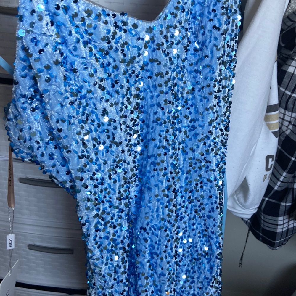 Light blue sequin prom dress